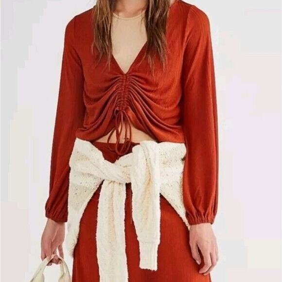Free People Women Top XS Ruched Gathered Front Long sleeve Cropped Rust Ruched - Picture 1 of 10